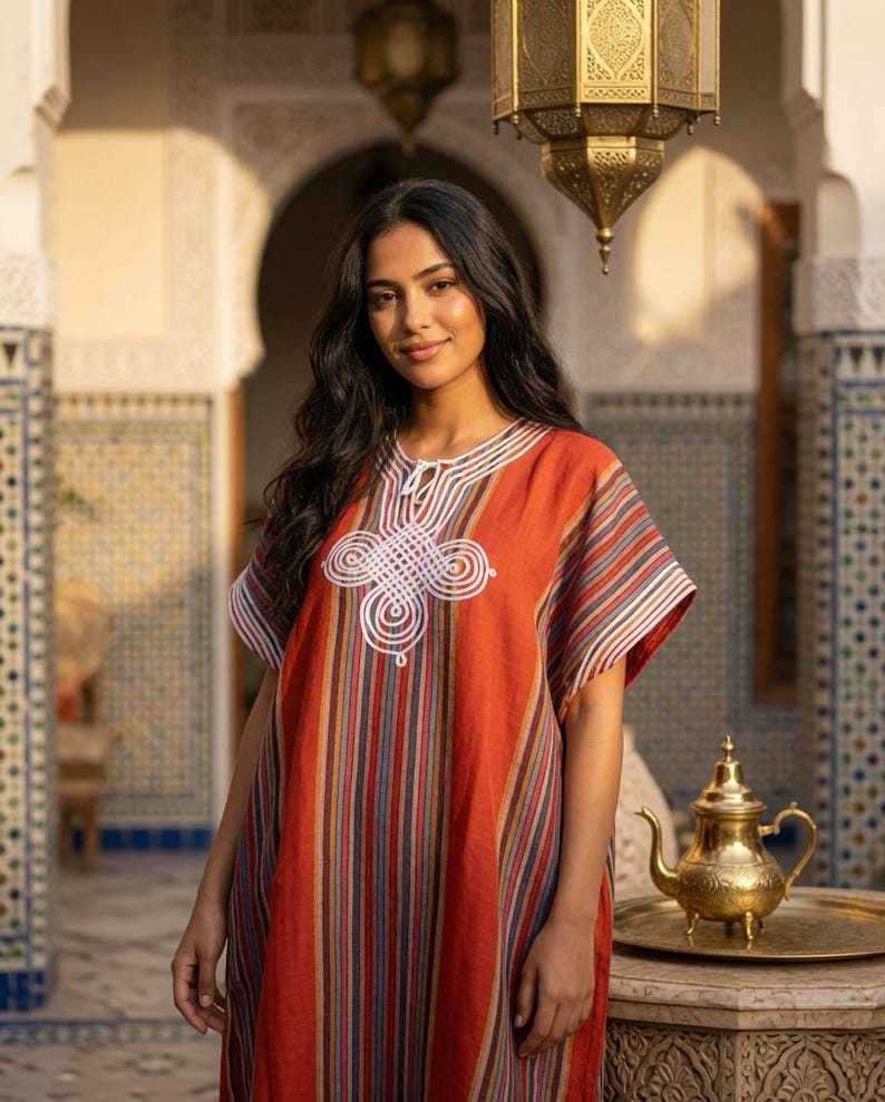 Gandoura Marocaine Brodé Rayée – Élégance Colorée