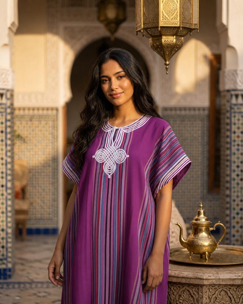 Gandoura Marocaine Brodé Rayée – Élégance Colorée