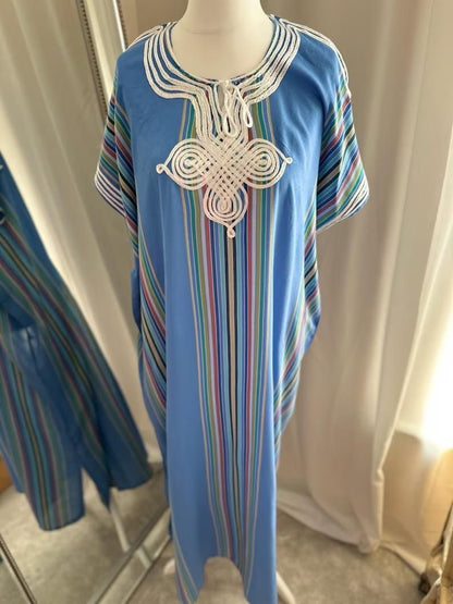 Women's striped and embroidered blue Moroccan gandoura