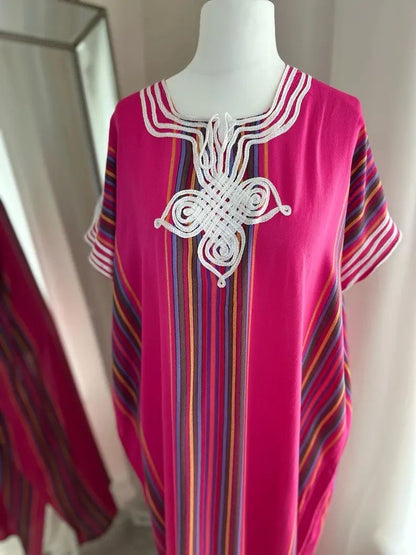 Women's striped and embroidered pink Moroccan gandoura