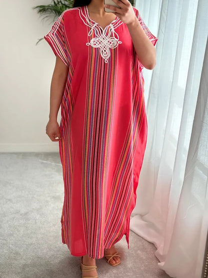 Women's striped and embroidered red Moroccan gandoura