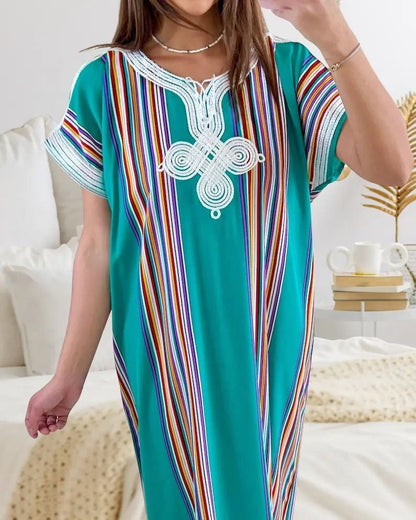 Multicolor striped turquoise Moroccan gandoura with white embroidery