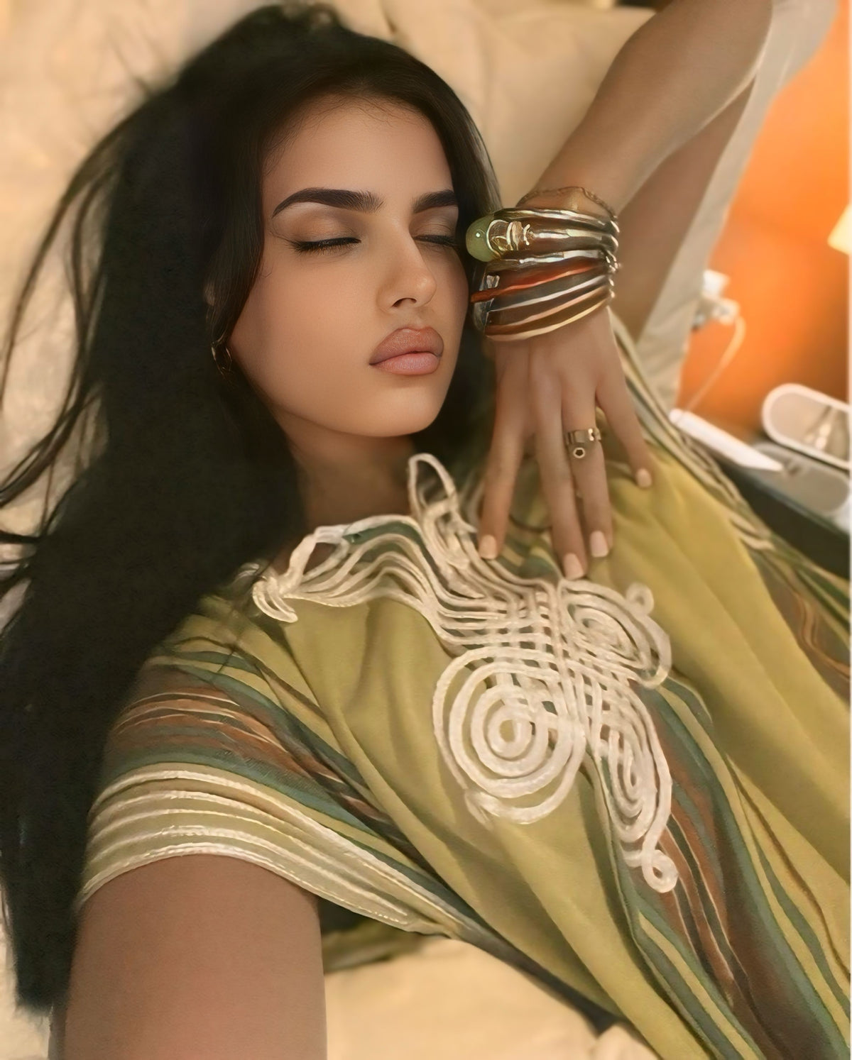 Women's striped and embroidered khaki green Moroccan gandoura